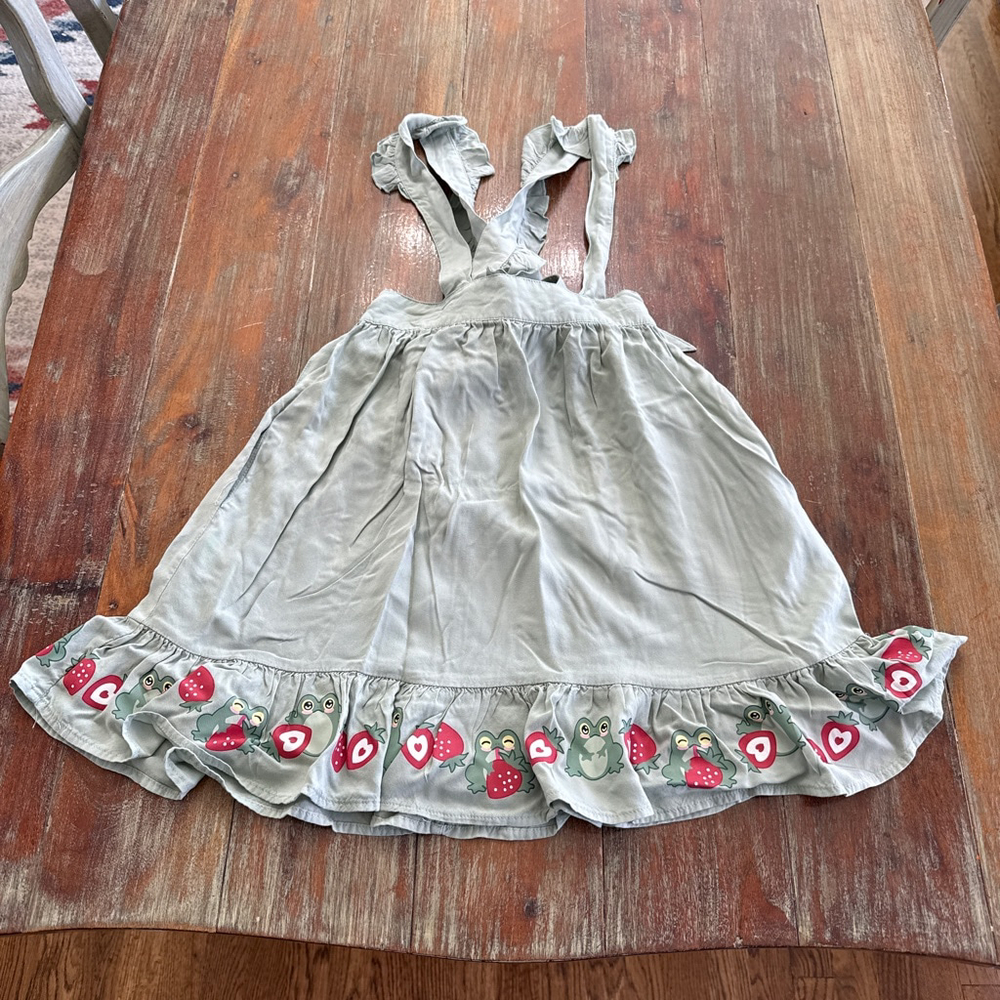 Hot Topic Frog & Strawberry Overall Dress - Sage Green Ruffle Hem - XS